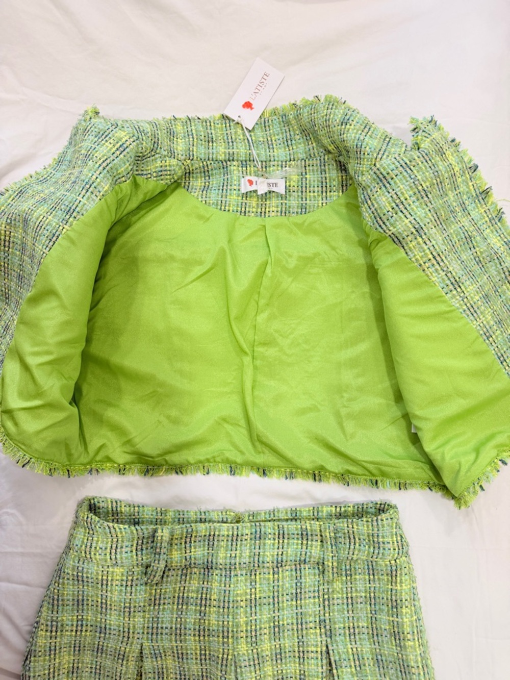 Latiste Green Tweed 2 Piece Set Large Cropped Jacket Pleated Skort - Picture 4 of 10